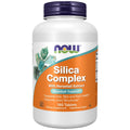A white bottle of NOW Silica Complex dietary supplement with a dark purple cap and an orange label, shown on a plain white background.