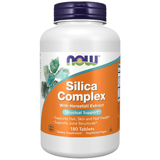 A white bottle of NOW Silica Complex dietary supplement with a dark purple cap and an orange label, shown on a plain white background.