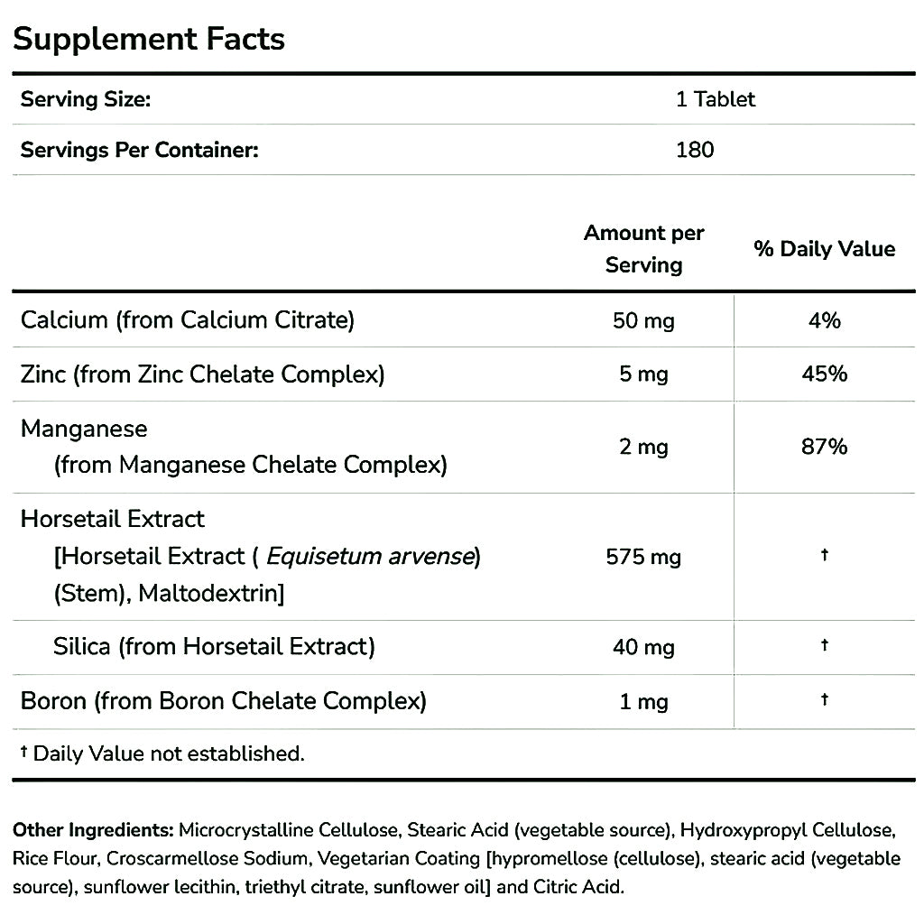 A supplement facts label for a tablet product, showing serving size of 1 tablet, servings per container of 180, and a table listing ingredients such as calcium, zinc, manganese, horsetail extract, silica, and boron with daily value percentages.