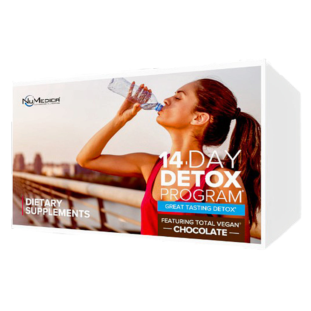 A boxed dietary supplement product labeled '14. Day Detox Program' with a photo of a woman drinking water on the front panel.