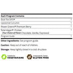 Nutrition and ingredient information panel for a vegan protein powder program, listing Dual-Tox DPO, Liposomal Curcumin, Power Greens Premium Berry, and Total Vegan Protein, with flavor options and dietary badges.