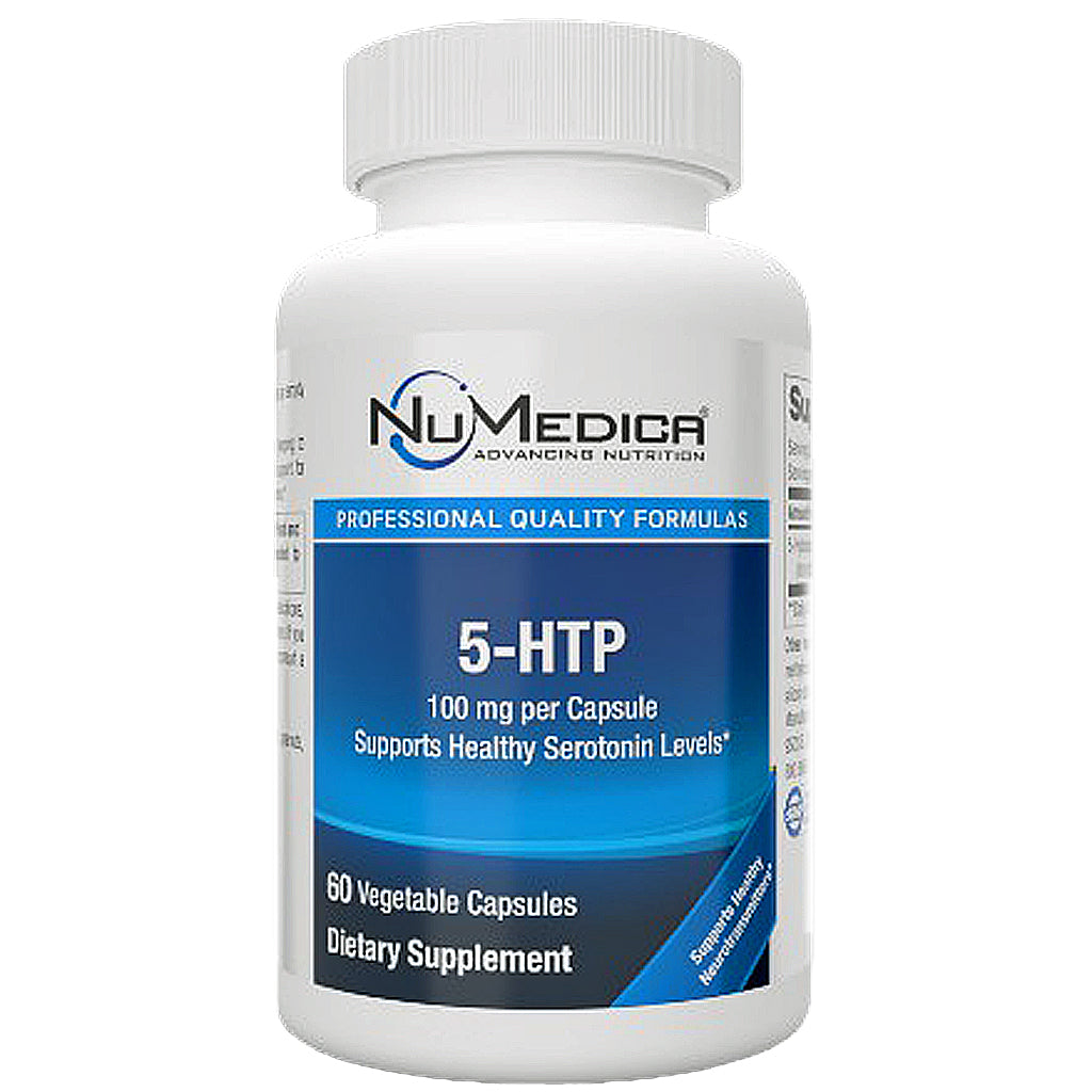 A white plastic bottle of NuMedica 5-HTP dietary supplement with a blue and white label, containing 60 vegetable capsules.