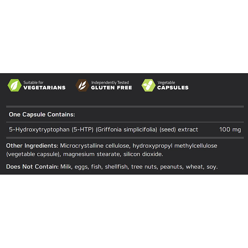 A dark informational label with white text listing product details, including suitability for vegetarians, gluten free status, vegetable capsules, and one capsule containing 100 mg of 5-Hydroxytryptophan (5-HTP) from Griffonia simplicifolia.