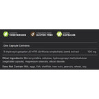 A dark informational label with white text listing product details, including suitability for vegetarians, gluten free status, vegetable capsules, and one capsule containing 100 mg of 5-Hydroxytryptophan (5-HTP) from Griffonia simplicifolia.