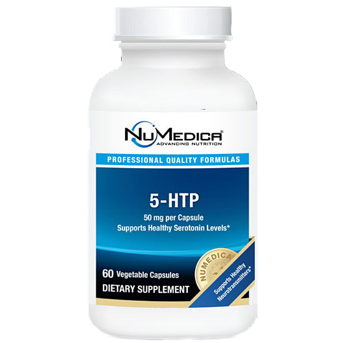 A white plastic bottle of NuMedica 5-HTP dietary supplement with a blue and white label, containing 60 vegetable capsules.