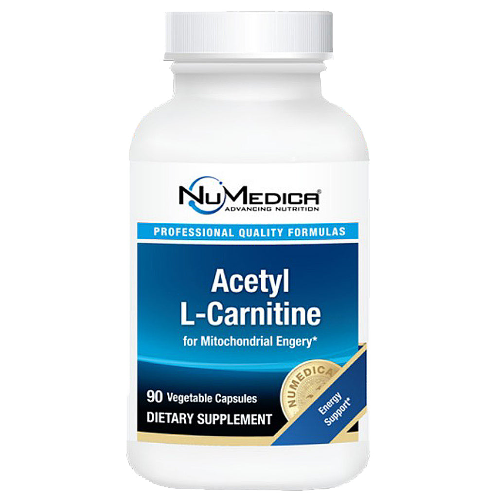 A white plastic bottle of NuMedica Acetyl L-Carnitine dietary supplement with a blue and white label, containing 90 vegetable capsules.