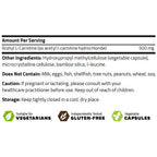 A product information panel showing serving size, ingredients, dietary notes, storage instructions, and three green icons indicating suitability for vegetarians, independently tested gluten-free, and vegetable capsules.