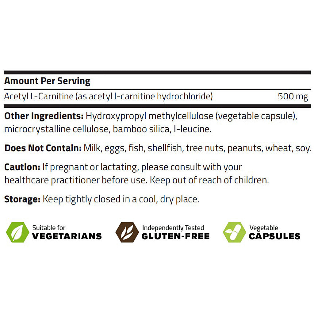 A product information panel showing serving size, ingredients, dietary notes, storage instructions, and three green icons indicating suitability for vegetarians, independently tested gluten-free, and vegetable capsules.