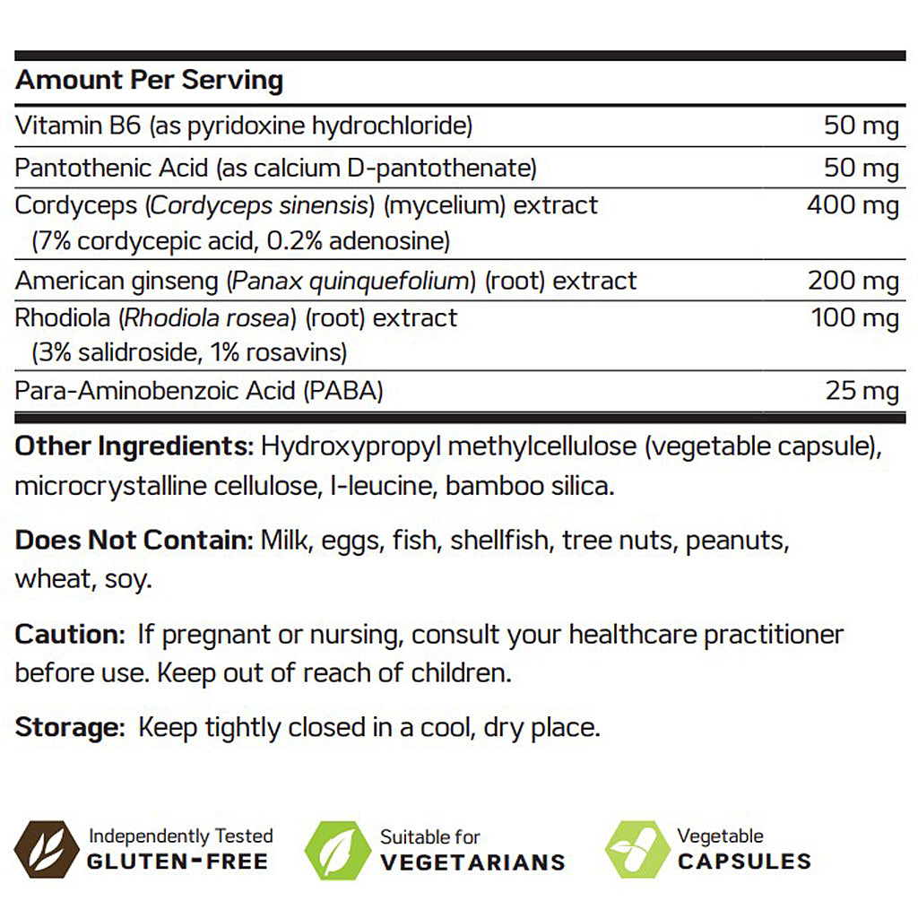 A product information label with a white background listing serving size, vitamins, herbal ingredients, dietary exclusions, storage instructions, and three green icon badges at the bottom reading Gluten-Free, Suitable for Vegetarians, and Vegetable Capsules.