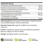 A product information label with a white background listing serving size, vitamins, herbal ingredients, dietary exclusions, storage instructions, and three green icon badges at the bottom reading Gluten-Free, Suitable for Vegetarians, and Vegetable Capsules.