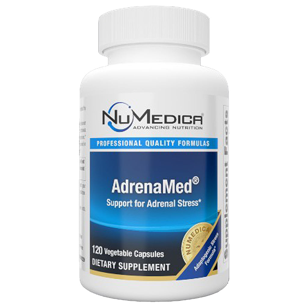 A white plastic bottle of NuMedica AdrenaMed dietary supplement with a blue and gold label, shown on a plain white background.