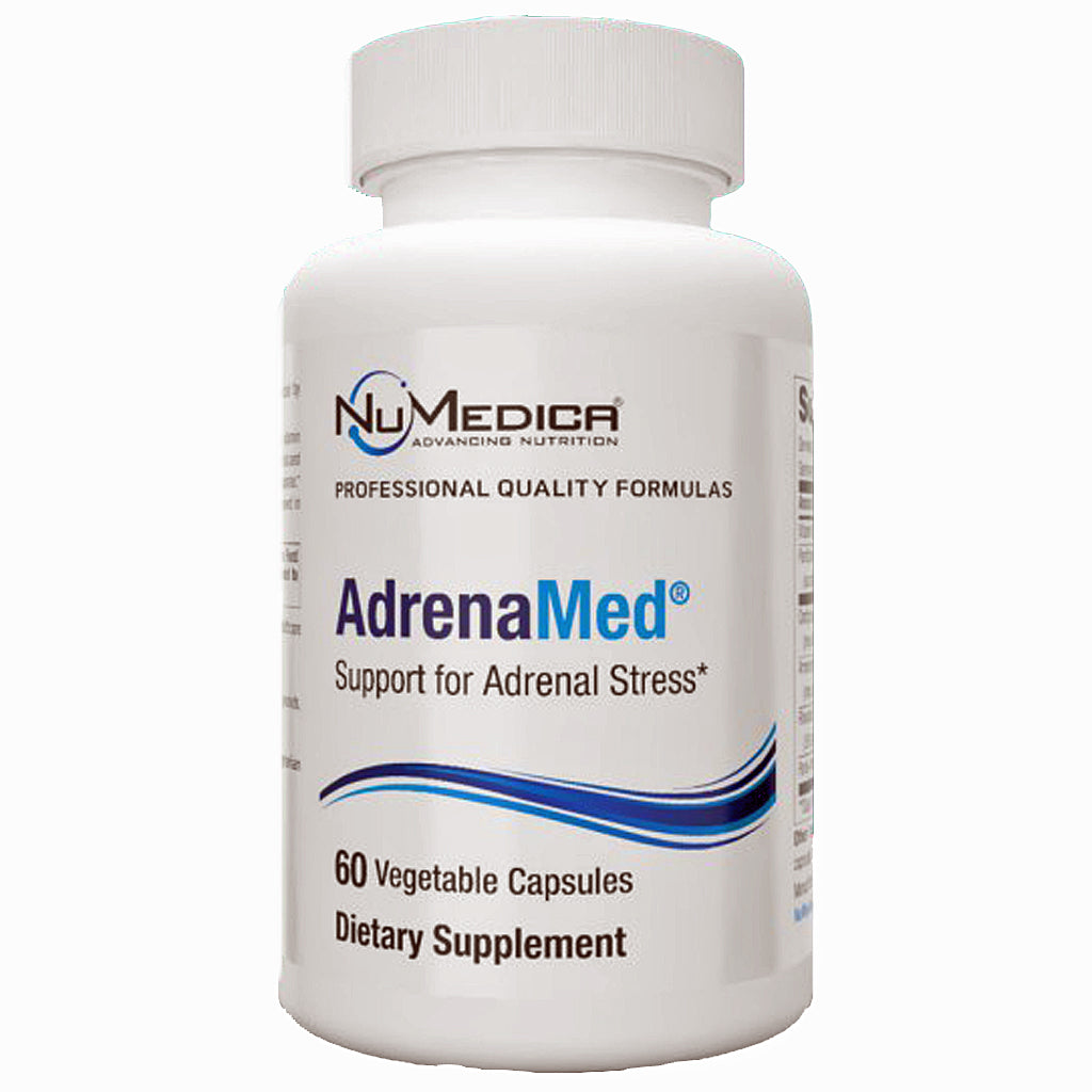 A white plastic bottle of NuMedica AdrenaMed dietary supplement with a white cap, featuring blue and black text on a clean white background.