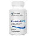 A white plastic bottle of NuMedica AdrenaMed GL50 dietary supplement with blue and black text on the label, set against a plain white background.