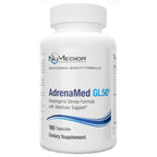 A white plastic bottle of NuMedica AdrenaMed GL50 dietary supplement with blue and black text on the label, set against a plain white background.