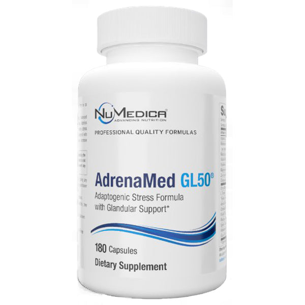 A white plastic bottle of NuMedica AdrenaMed GL50 dietary supplement with blue and black text on the label, set against a plain white background.