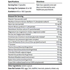 A supplement facts label showing serving size 2 capsules, directions to take two capsules once per day, and a list of ingredients and nutrients per serving on a white background.
