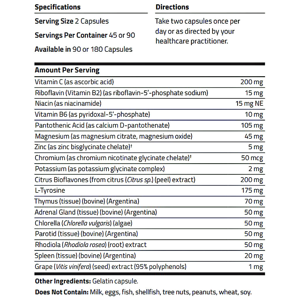 A supplement facts label showing serving size 2 capsules, directions to take two capsules once per day, and a list of ingredients and nutrients per serving on a white background.