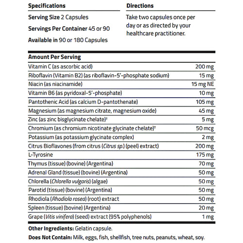 A supplement facts label showing serving size 2 capsules, directions to take two capsules once per day, and a list of ingredients and nutrients per serving on a white background.