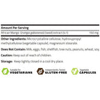 A product information panel with text about African Mango seed extract, including serving amount, ingredients, dietary notes, storage instructions, and three badge icons indicating suitability for vegetarians, gluten-free status, and vegetable capsules.