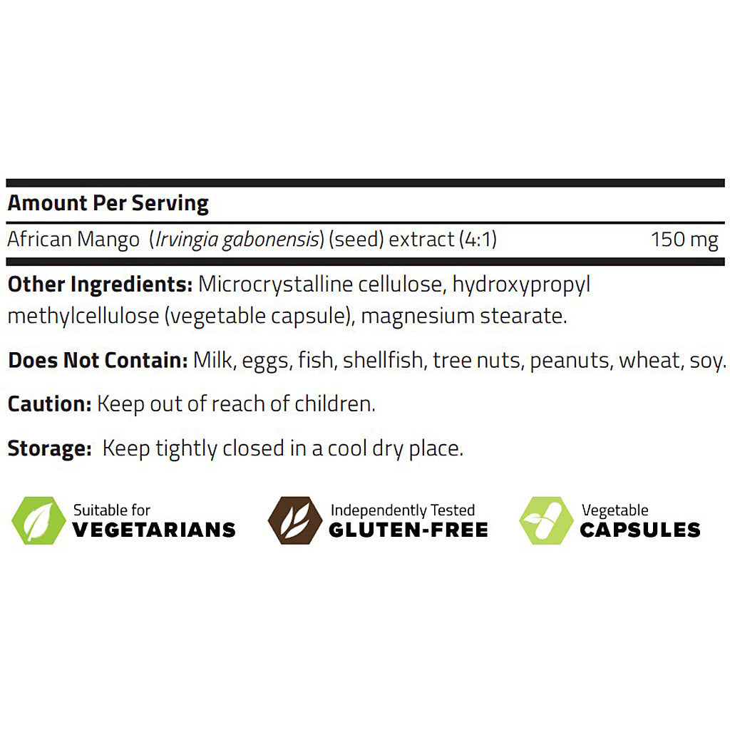 A product information panel with text about African Mango seed extract, including serving amount, ingredients, dietary notes, storage instructions, and three badge icons indicating suitability for vegetarians, gluten-free status, and vegetable capsules.