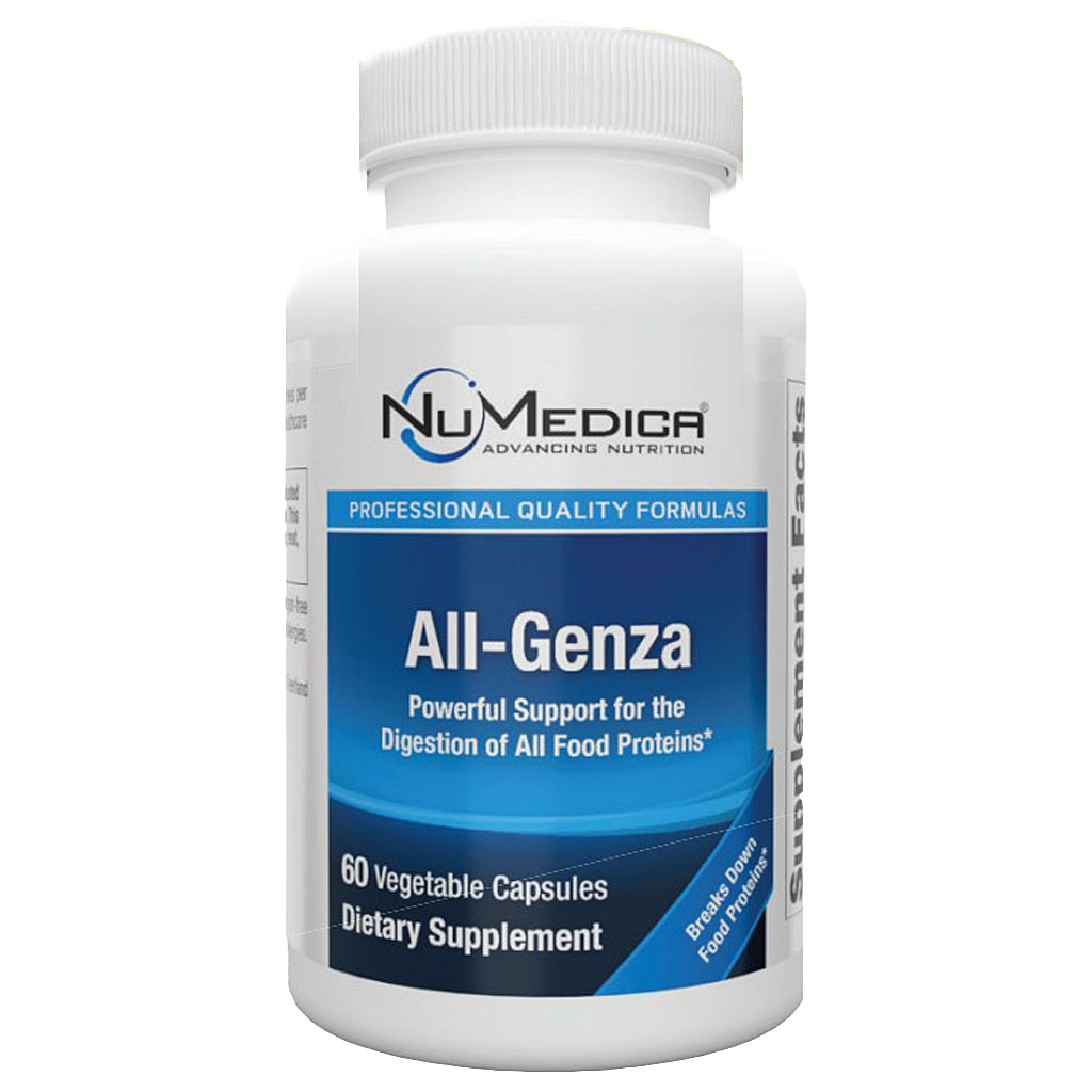 A white plastic bottle of NuMedica All-Genza dietary supplement with a blue and white label, containing 60 vegetable capsules.
