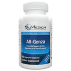 A white plastic bottle of NuMedica All-Genza dietary supplement with a blue and white label, containing 60 vegetable capsules.