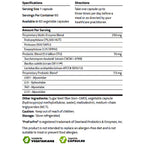 A black and white specification and directions sheet for a vegetable capsule probiotic blend, detailing serving size, ingredients, and storage instructions.