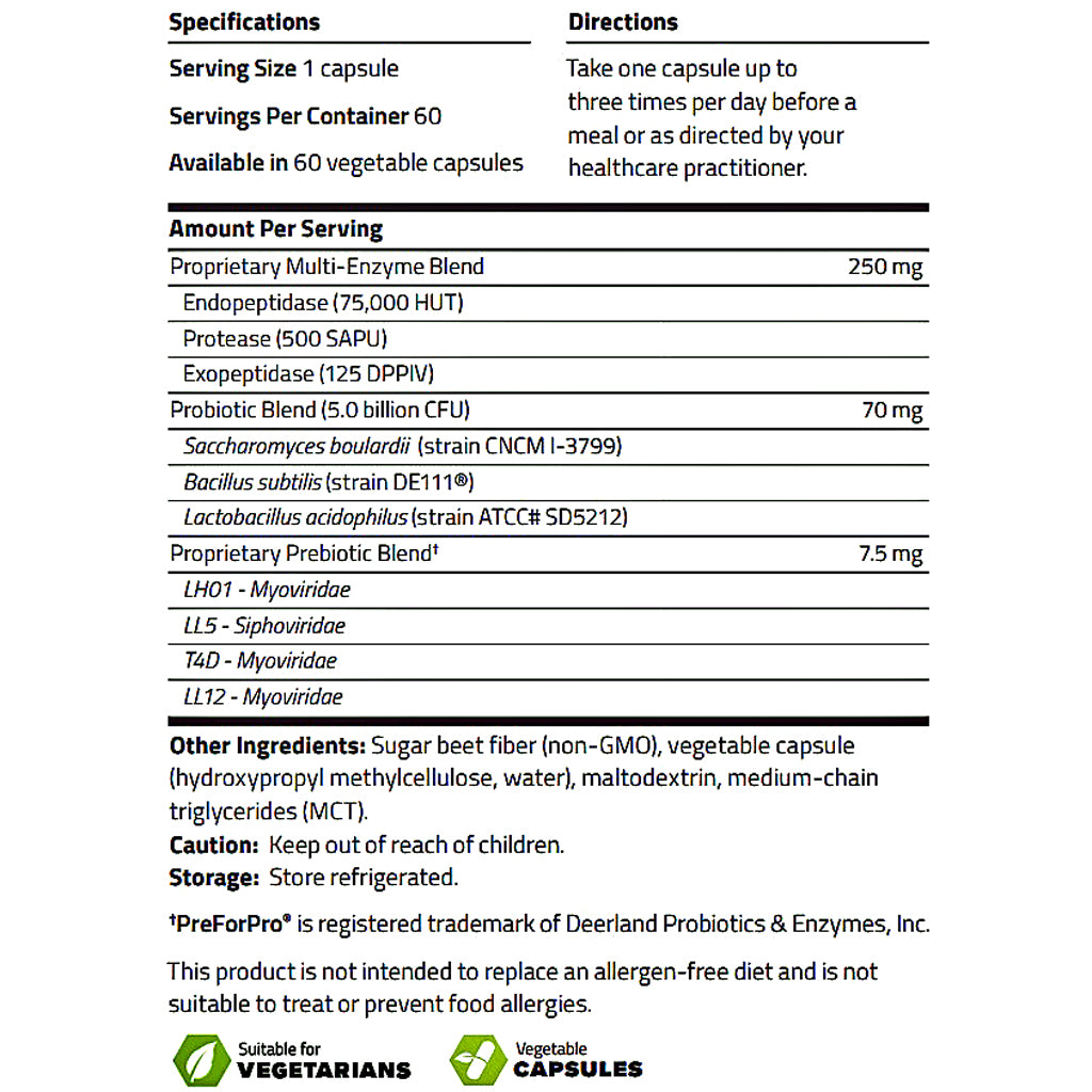 A black and white specification and directions sheet for a vegetable capsule probiotic blend, detailing serving size, ingredients, and storage instructions.