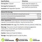 A product information card with black text on a white background detailing specifications, directions, amount per serving, ingredients, warnings, and suitability badges for vegetarians and gluten-free.