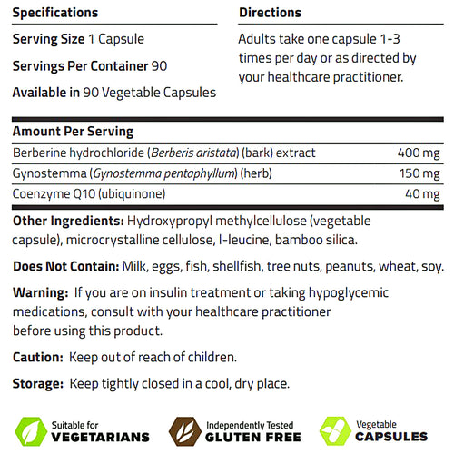 A product information card with black text on a white background detailing specifications, directions, amount per serving, ingredients, warnings, and suitability badges for vegetarians and gluten-free.