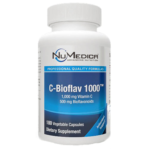 A white plastic bottle of NuMedica C-Bioflav 1000 dietary supplement with a blue and white label, containing 180 vegetable capsules.