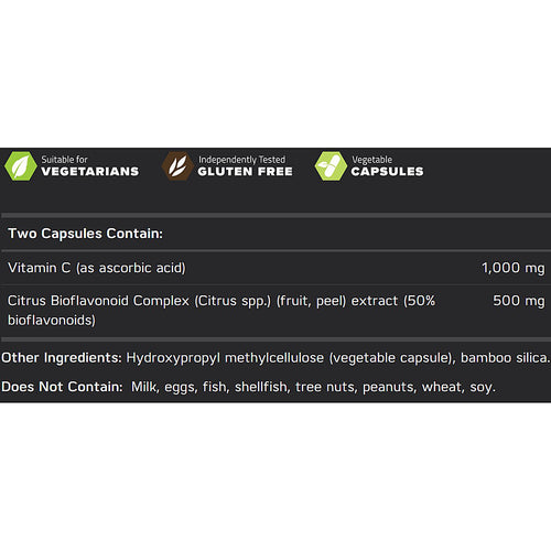 A dark informational label with text stating 'Two Capsules Contain:' and listing ingredients and claims such as 'Suitable for Vegetarians,' 'Independently Tested Gluten Free,' and 'Vegetable Capsules.'.