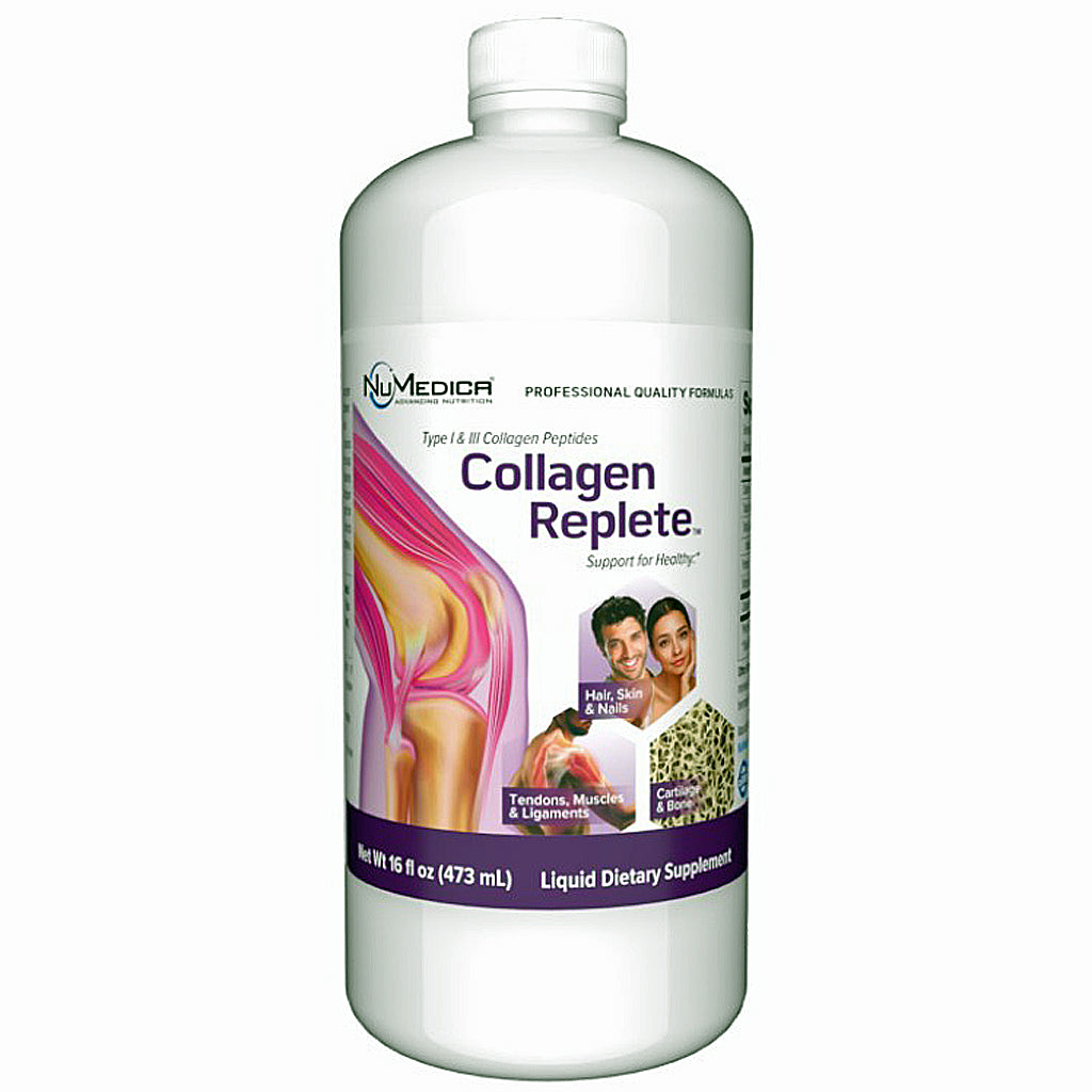 A white plastic bottle of NuMedica Collagen Replete liquid dietary supplement with a white cap, shown on a plain white background.