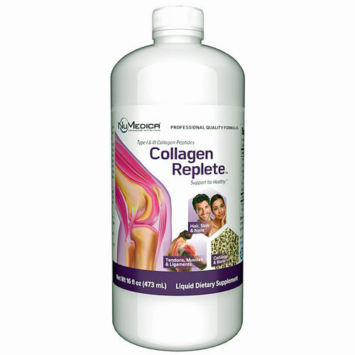 A white plastic bottle of NuMedica Collagen Replete liquid dietary supplement with a white cap, shown on a plain white background.