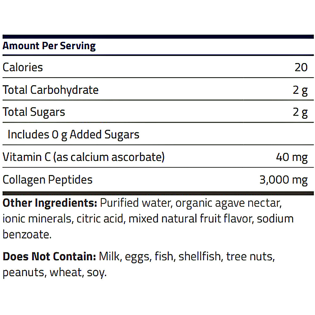 A nutrition facts label for a collagen peptide product, showing calories, total carbohydrate, total sugars, vitamin C, and collagen peptides per serving on a white background.
