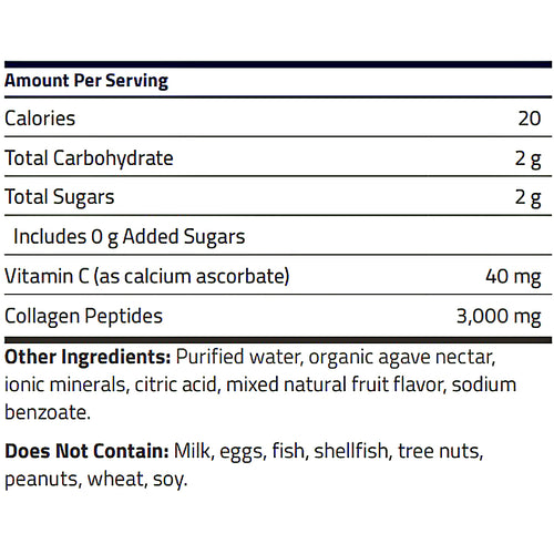 A nutrition facts label for a collagen peptide product, showing calories, total carbohydrate, total sugars, vitamin C, and collagen peptides per serving on a white background.