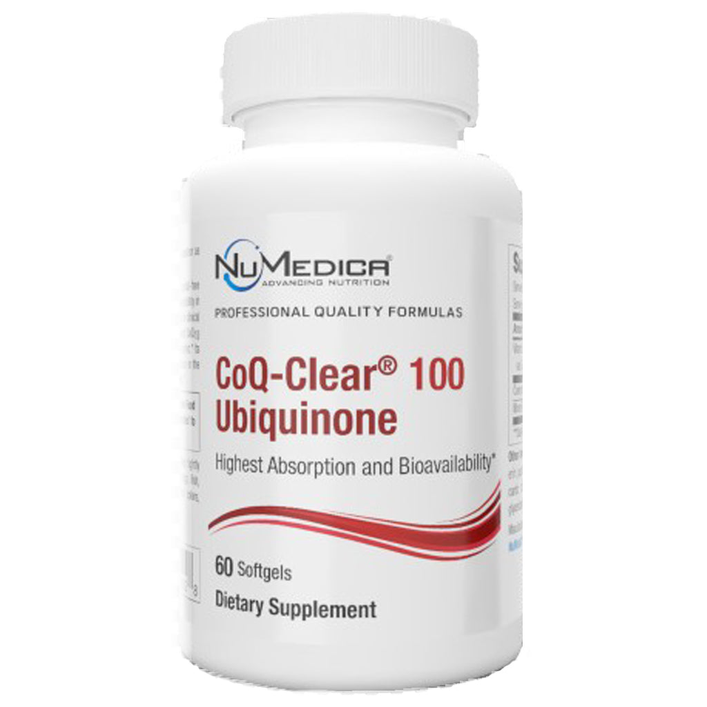 Supplement bottle labeled 'CoQ-Clear 100 Ubiquinone' by NuMedica on a white background