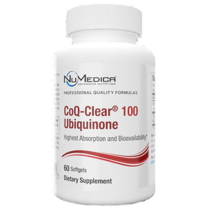 Supplement bottle labeled 'CoQ-Clear 100 Ubiquinone' by NuMedica on a white background