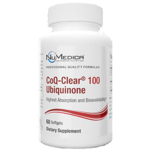 Supplement bottle labeled 'CoQ-Clear 100 Ubiquinone' by NuMedica on a white background