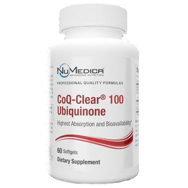 Supplement bottle labeled 'CoQ-Clear 100 Ubiquinone' by NuMedica on a white background