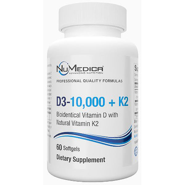 Supplement bottle labeled 'NuMedica D3-10,000 + K2' on a white background