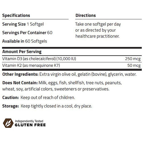 Nutritional supplement label with specifications and directions.