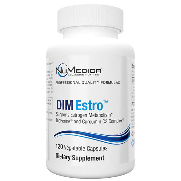 Supplement bottle labeled 'DIM Estro' by NuMedica on a white background