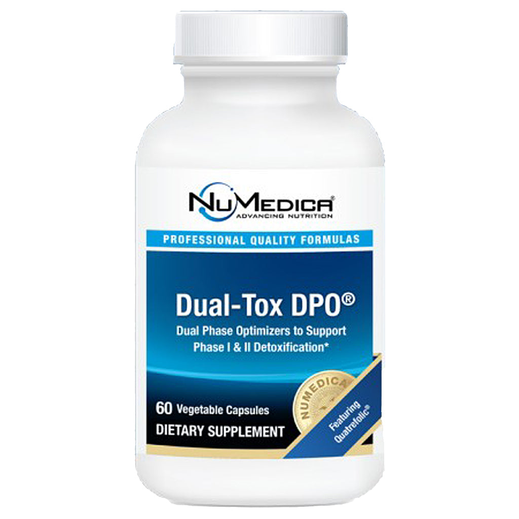 A white plastic bottle of NuMedica Dual-Tox DPO dietary supplement with a blue and white label, shown on a plain white background.