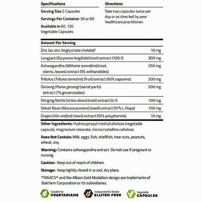 Supplement label with detailed ingredient list and usage instructions on a white background