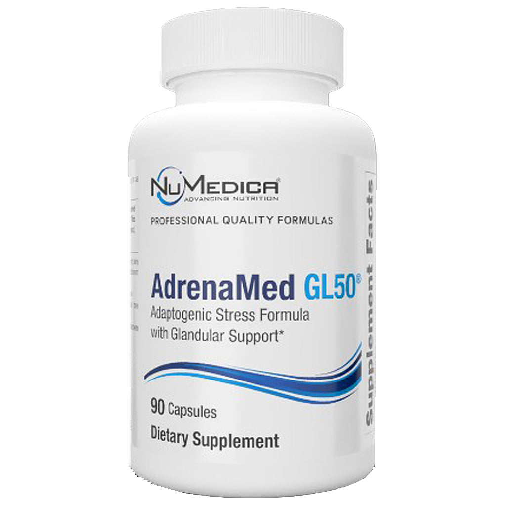 A white plastic bottle of NuMedica AdrenaMed GL50 dietary supplement with a white cap, featuring blue and black text on the label.