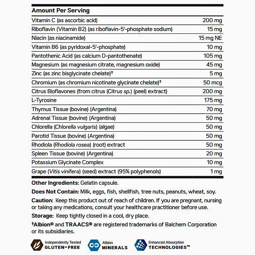 A supplement facts label showing a daily value table with nutrients and ingredients listed in descending amounts, including Vitamin C, riboflavin, niacin, vitamin B6, pantothenic acid, magnesium, zinc, chromium, L-Tyrosine, Tissue Thymus, Adrenal Tissue, Cholelaria vulgaris, Paroid Tissue, Spleen Tissue, and Grape. Text notes gelatin capsules and lists brands Albon and TRACAS at the bottom.
