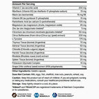 A supplement facts label showing a daily value table with nutrients and ingredients listed in descending amounts, including Vitamin C, riboflavin, niacin, vitamin B6, pantothenic acid, magnesium, zinc, chromium, L-Tyrosine, Tissue Thymus, Adrenal Tissue, Cholelaria vulgaris, Paroid Tissue, Spleen Tissue, and Grape. Text notes gelatin capsules and lists brands Albon and TRACAS at the bottom.