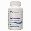 A white plastic bottle of NuMedica L-Theanine dietary supplement with a white cap, featuring a white label with blue and black text and graphics.
