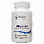 A white plastic bottle of NuMedica L-Theanine dietary supplement with a white cap, featuring a white label with blue and black text and graphics.